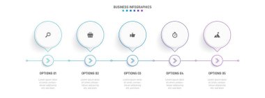 Timeline infographic with infochart. Modern presentation template with 5 spets for business process. Website template on white background for concept modern design. Horizontal layout