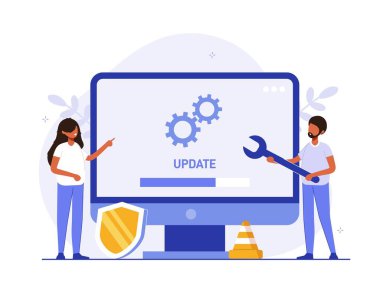 Sistem ya da web uygulama güncelleme prosedürü. Yazılım sürüm güncellemesi veya yenileme süreci göstergesi kavramı. İnsanlar ve bilgisayar. Pankart için düz renkli vektör illüstrasyonu, poster