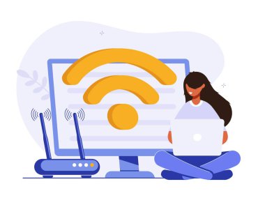 Concept of mobile network, wireless Internet connection technology. Wifi illustration. People use device to connect Internet network Modern colorful flat vector illustration for poster, banner