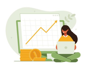 Analyst looks graph of earnings growth. Marketing data analysis. Business profit report. Successful investment of capital or money. Modern flat colorful vector illustration for banner, poster