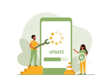 Sistem ya da web uygulama güncelleme prosedürü. Yazılım sürüm güncellemesi veya yenileme süreci göstergesi kavramı. İnsanlar ve cep telefonları. Pankart için düz renkli vektör illüstrasyonu, poster