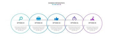 Timeline infographic with infochart. Modern presentation template with 5 spets for business process. Website template on white background for concept modern design. Horizontal layout