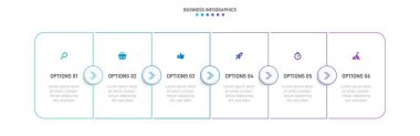 Timeline infographic with infochart. Modern presentation template with 6 spets for business process. Website template on white background for concept modern design. Horizontal layout