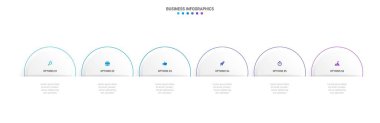 Timeline infographic with infochart. Modern presentation template with 6 spets for business process. Website template on white background for concept modern design. Horizontal layout