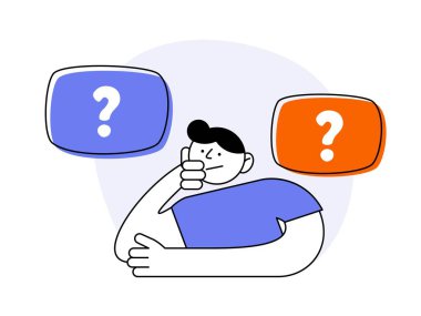 Kavramsal soruları olan kafası karışık, kafası karışık biri. İnsan düşünür, şüphe eder, seçim yapar, iki seçenek arasında karar verir, sorunu çözer, karar verir. Modern çizgi vektör illüstrasyonu