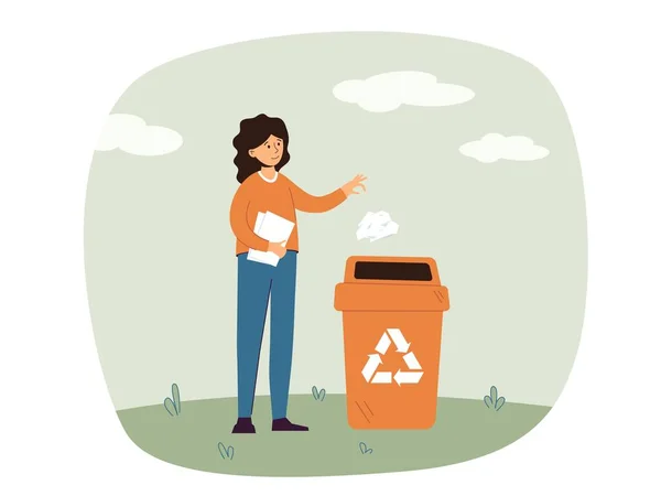 紙玉をゴミに投げ込む女はできる ゴミのリサイクル記号 生態学 環境概念 女の子はゴミ箱にゴミを投げます 独立したフラットベクトル図 — ストックベクタ