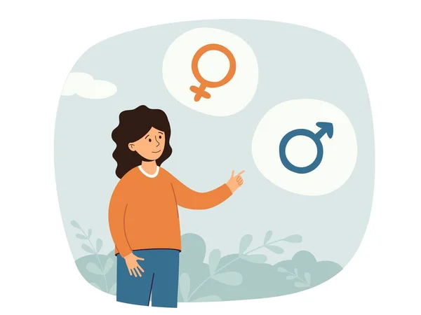 stock vector Gender identity transition concept. Girl makes a choice about her gender identity. Gender reassignment. People on thought bubbles with male and female icons in the background. Isolated vector