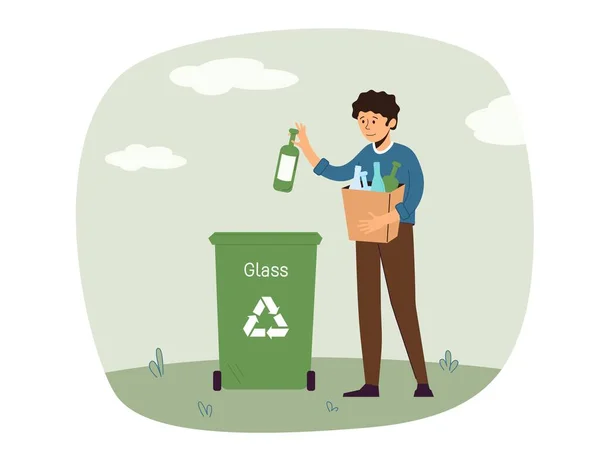 Man Sorting Garbage Boy Throws Glass Trash Trash Can Care — Stock Vector