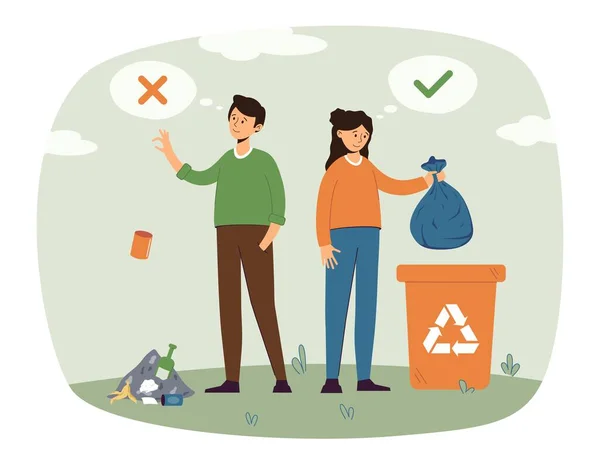 人々はゴミを正しく捨てないでください ゴミのリサイクル記号 生態学 環境概念 環境への配慮や無視 分離ベクトル図 — ストックベクタ
