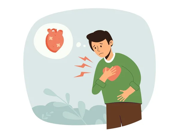 stock vector Heart disease concept. Man with heart attack or heartache symptom. Heart blemish, a scar on the heart. Man with sharp pain in his chest, sign of serious illness. Reason to see a doctor