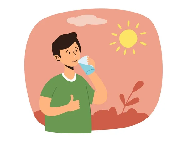 Человек Пьет Холодную Воду Нужно Пить Воду Жаркий Летний Солнечный — стоковый вектор