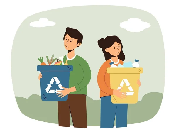 ゴミを分別してる 別々の廃棄物収集 環境の手の世話をする 男性と女性はプラスチック色のゴミ箱にゴミを捨てます エココンテナ 漫画フラットベクトルイラスト — ストックベクタ