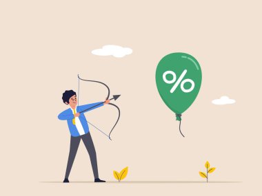 Enflasyon kavramını. Ekonomik risk ya da yatırım balonu. İş adamı okla balon vuruyor. Federal Rezerv, faiz oranlarını etkileyerek enflasyonu kontrol etmeye çalışıyor. Düz vektör