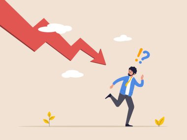 Risk ya da depresyon konseptine yatırım. İş başarısızlığı, kriz ya da çöküş. Başarısız bir işadamı ok grafiğinden kaçar. Ekonomik durgunluk veya yatırım kaybı veya düşen borsa