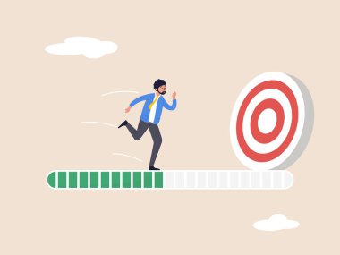Gelişim konsepti. İlerleme ya da başarı yolculuğu ya da bir hedefe ulaşmak, iş adımı ya da kariyer yolu, görev ya da başarı mücadelesi. Hırslı işadamı başarı elde etmek için ilerleme çubuğunda koşuyor..