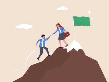 Takım çalışması konsepti. Hedefe ulaşmak için destek ve işbirliği, iş birliğinde başarılı olmak için takım olmak. İş adamı, takım arkadaşlarının iş hedefine ulaşmak için tırmanmalarına yardım ediyor.