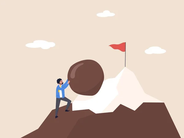 Motivation Concept Hard Work Pushing Boulder Uphill Burden Obstacle Business — Stock Vector