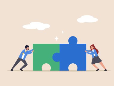 İş konsepti. Takım çalışması metaforu. İki yapboz unsurunu iten iş adamları. Birlikte çalışmanın sembolü, işbirliği, ortaklık. Düz vektör illüstrasyonu