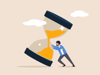 Zaman yönetimi konsepti. Sinirli girişimci kum saatini ya da kum saatini düşmeden durdurmaya çalışıyor. Proje bitiş tarihi, zaman tükeniyor. Düz vektör illüstrasyonu