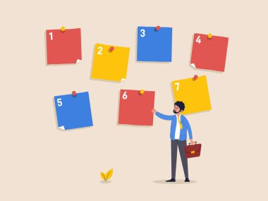 Task management concept. Arrange to do list which job to do before and after, set work priority, young entrepreneur businessman manage to prioritize sticky note with number. Flat vector illustration clipart