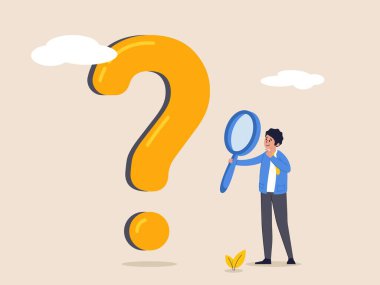 İş sorunları konsepti. Çözüm bulmak için problem ve kök analizi, araştırma ve liderlik becerisi, soru işaretini analiz etmek için büyüteç kullanan akıllı iş adamı analisti