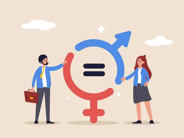 stock vector Gender equality concept. Man and woman equal, balance and diversity in workplace, female and male employee having equal opportunity, businessman and woman holding gender equality symbolic