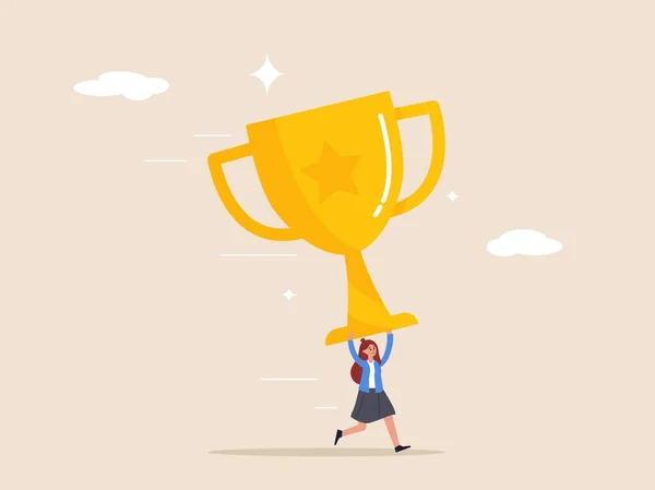 大成功のコンセプト 大規模なビジネス規模を獲得するか または賞を獲得するための挑戦と努力 大きな勝者トロフィーを運ぶ自信ビジネス女性起業家 — ストックベクタ