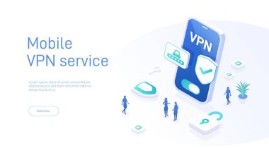 VPN servis konsepti. Sanal koruma ağı için güvenli internet sörf yazılımı. Cihazlarınızla güvenli çevrimiçi erişim. İzometrik vektör illüstrasyonu