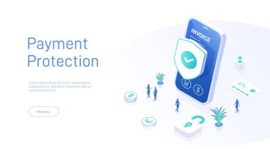 Çevrimiçi ödeme koruması kavramı. Güvenli bankacılık. Mobil veri güvenliğinin Isometric vektör çizimi. Çevrimiçi alışveriş için mali güvenlik, ödeme koruması ile çevrimiçi ödeme