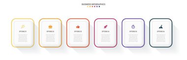 Timeline infographic with infochart. Modern presentation template with 6 spets for business process. Website template on white background for concept modern design. Horizontal layout