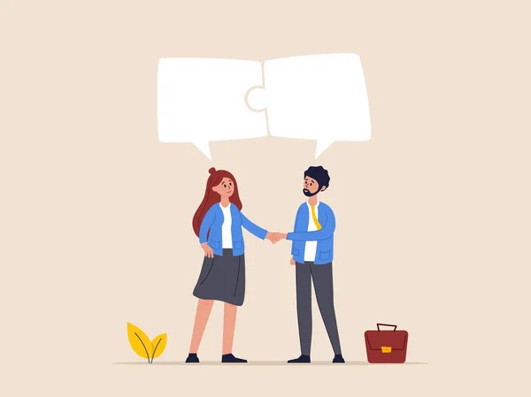 コミュニケーションの概念 成功のための会話 答えや解決策を得るために議論を満たす 共同作業 パートナーシップまたはコラボレーション ビジネスの人々はスピーチバブルジグソーコネクトと話をします — ストックベクタ
