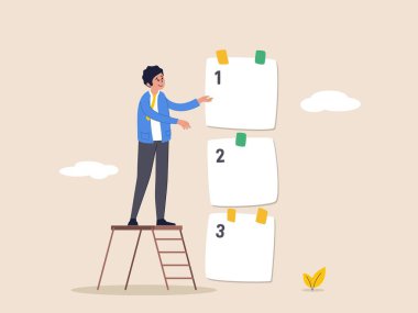 Task management concept. Set work priority, arrange to do list which job to do before and after, young entrepreneur businessman manage to prioritize sticky note with number first, second and third clipart