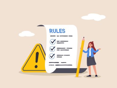 Kurallar ve yönetmelikler konsepti. Çalışanların izlemesi gereken politika ve yönerge, hukuki dönem, kurumsal uyum veya yasalar, standart prosedür, iş kadını kural ve yönetmelik belgelerini yazmayı bitirsin