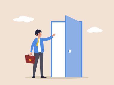 Yeni bir iş ya da güvenli bölgeden çıkmak. Yeni bir fırsat bulmak için kapıyı aç, umut bul başarıyı bul, çıkış yolunu bul, parlak gelecek konseptine kaç, işadamı içeri giren parlak ışığı görmek için kapıyı aç.