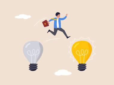 Business transformation concept. Change management or transition to better innovative company, improvement and adaptation to new normal, smart businessman jump from old to new shiny lightbulb idea clipart