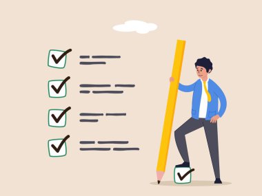 Proje süreci konsepti. İşlerin halledilmesi, tamamlanmış görevler veya iş başarıları, tamamlanmış listeler, başarılar, kalem kenesi tutan iş adamı hepsi tamamlanmış görev kontrol kutusu