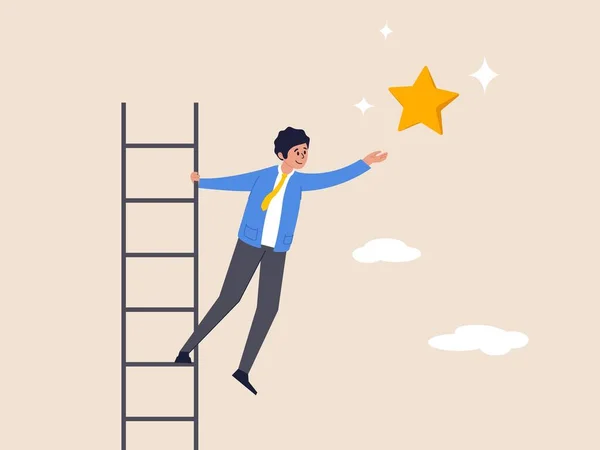 ビジネス目標のコンセプトを達成するためのインスピレーション ビジネスチャンス 成功のはしご 野心的なビジネスマンは トップにはしごを登り 輝く星に到達する — ストックベクタ