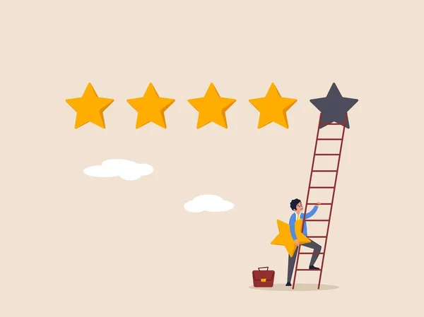 评价等级概念 五星级评价评价优质和良好的商业信誉 客户反馈或信用评分 获得五星级评价的商人爬上阶梯 获得最佳评价 — 图库矢量图片
