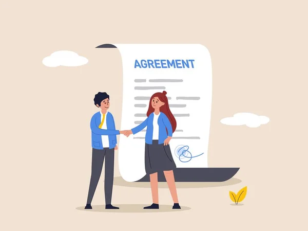 契約書またはコラボレーション文書 業務契約書 契約書または成功交渉 経営者握手の概念 ビジネス契約書に署名した後に握手をするビジネスマンパートナーの人々 — ストックベクタ