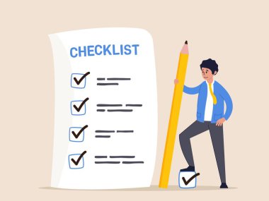 Achievement concept. Checklist for work completion, review plan, business strategy or todo list for responsibility, confident businessman standing with pencil after completed all tasks checklist clipart
