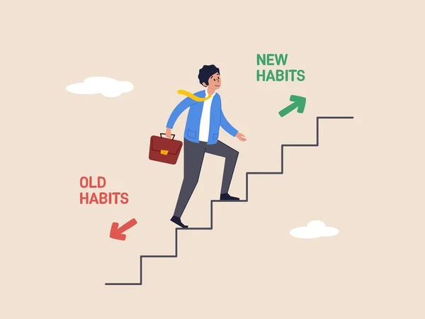 개념을 만들라 사업가는 새로운 습관을 따르기 계단을 걸어간다 과새로운 습관을 — 스톡 벡터