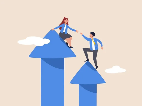 Business teamwork concept. Leader or manager help each other climb the arrows to reach the goal. Helping each other to climb arrow of success. Modern flat vector illustration