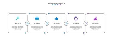 Timeline infographic with infochart. Modern presentation template with 5 spets for business process. Website template on white background for concept modern design. Horizontal layout