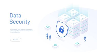 Güvenlik veri koruması izometrik. Büyük veri. Bulut teknolojisi. Bulut veritabanı, web sunucu odası. İzometrik veritabanı koruma kavramı. Veri koruma kavramı büyük veri akışı işliyor