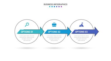 Timeline infographic with infochart. Modern presentation template with 3 spets for business process. Website template on white background for concept modern design. Horizontal layout