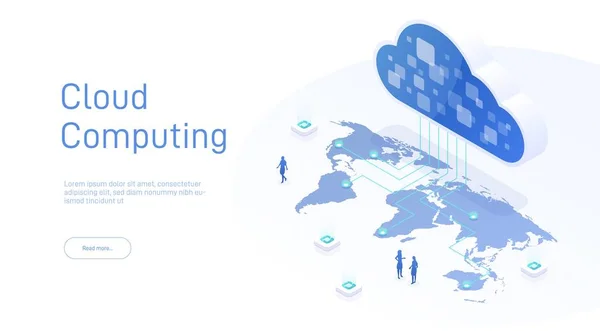 Concepto Isométrico Cloud Computing Desde Nube Mapa Del Mundo Negocio — Vector de stock