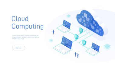 Cloud computing isometric. Big data flow processing concept, cloud database. Cloud Technology 3d illustration. Cloud computing technology users network configuration advertisement poster