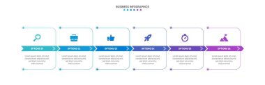 Timeline infographic with infochart. Modern presentation template with 6 spets for business process. Website template on white background for concept modern design. Horizontal layout