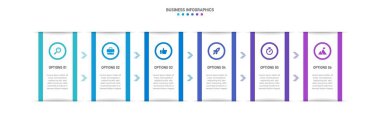 Timeline infographic with infochart. Modern presentation template with 6 spets for business process. Website template on white background for concept modern design. Horizontal layout