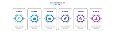 Timeline infographic with infochart. Modern presentation template with 6 spets for business process. Website template on white background for concept modern design. Horizontal layout